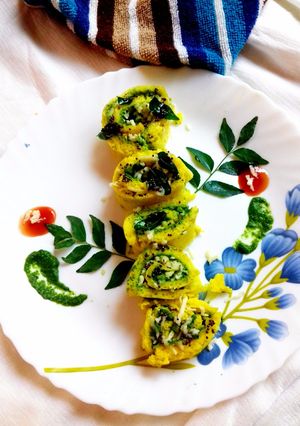A picture of Dhokla swiss rolls.