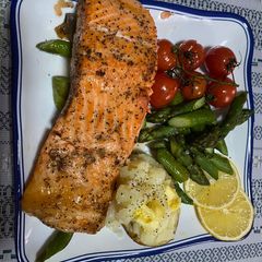Pan Seared Salmon with Baked Vegetables A picture of Pan Seared Salmon with Baked Vegetables.