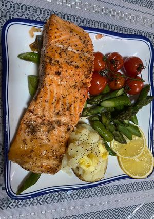 A picture of Pan Seared Salmon with Baked Vegetables.