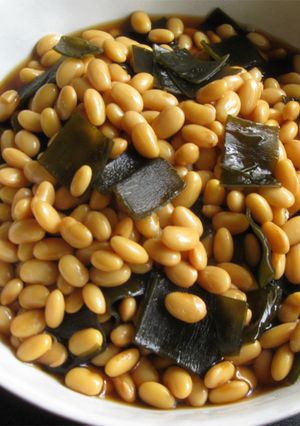 A picture of Simmered Soy Beans & Kombu (Kelp).