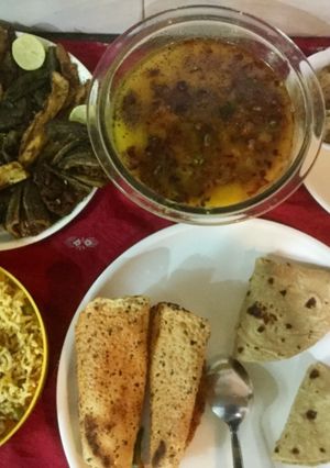 A picture of Tadka Yellow Moong Dal,Mixed Tawa Fry Sabji &Veg Pulao.