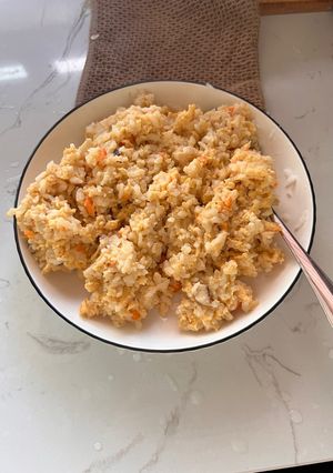 A picture of Egg Fried Rice with Mushrooms and Carrots.