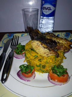 A picture of Abacha and smoked fish.