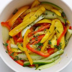 A picture of Mango Bell peppers Cucumber Salad with Thyme Vinaigrette.