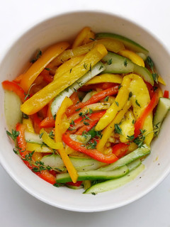 A picture of Mango Bell peppers Cucumber Salad with Thyme Vinaigrette.