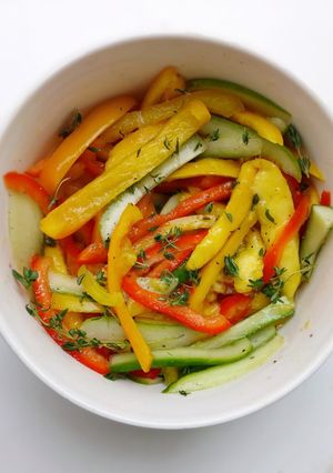 A picture of Mango Bell peppers Cucumber Salad with Thyme Vinaigrette.