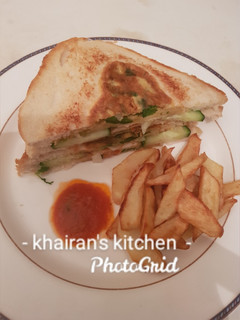 A picture of Bread Omelette and chips.