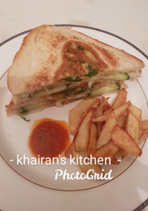 A picture of Bread Omelette and chips.