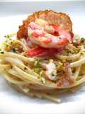 Linguine with Gorgonzola Cream, Shrimp, and Crispy Lardo di Colonnata