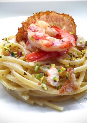 A picture of Linguine with Gorgonzola Cream, Shrimp, and Crispy Lardo di Colonnata.
