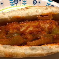 A picture of Crockpot Italian Sausages with Peppers and Onions.