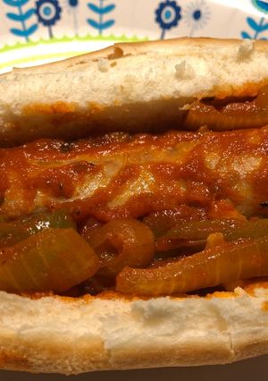 A picture of Crockpot Italian Sausages with Peppers and Onions.