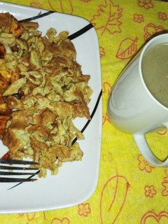 A picture of Fried sweet potatoes with scrambled eggs.