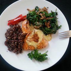 A picture of Fresh Grilled Salmon and Fresh Spinich.