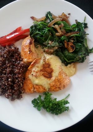 A picture of Fresh Grilled Salmon and Fresh Spinich.