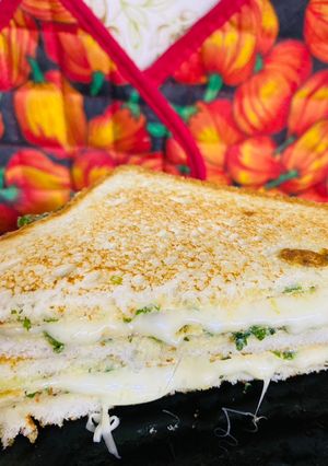 A picture of Egg 🥚 Sandwich 🥪 with Mozzarella cheese 🧀.