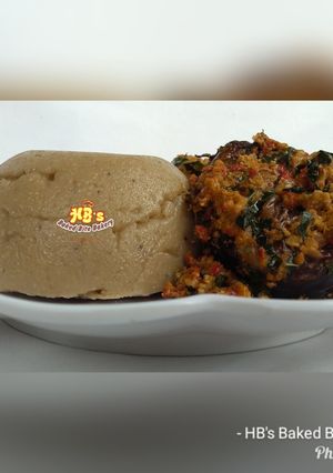 A picture of Plantain swallow with egusi soup.