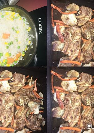 A picture of Grilled Lamb chops with potatoes and carrot including rice with veggies.