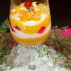 A picture of Alphonso Mango Cream, Rabdi, Jelly Layers Dessert.
