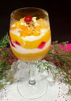 A picture of Alphonso Mango Cream, Rabdi, Jelly Layers Dessert.