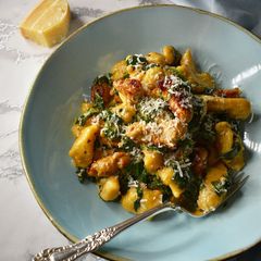 A picture of Homemade Gnocchi With Chicken Sausages In A Creamy Spinach Sauce.