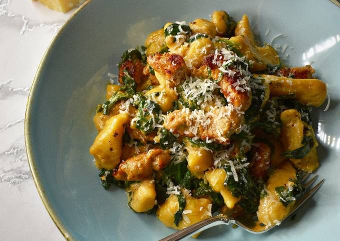 Homemade Gnocchi With Chicken Sausages In A Creamy Spinach Sauce