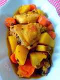 Pollo guisado con zanahorias, patatas al macis y azafrán