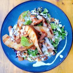 Grilled turkey, pear and walnut salad with blue cheese dressing A picture of Grilled turkey, pear and walnut salad with blue cheese dressing.