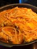 Macarronada com frango e aipim