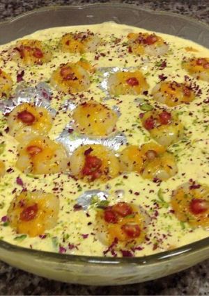 A picture of Mango & Pomegranate Kalakand With Stuffed Lychee.