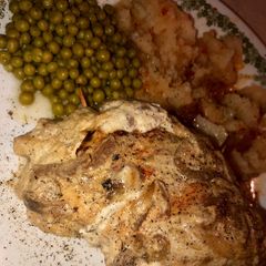 A picture of 30 minute French onion stuffed & smothered chicken.