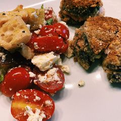 A picture of Eggplant cordon bleu with tomato and bread salad 🥗.