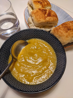 A picture of Roasted Crown Prince Pumpkin soup with potato.