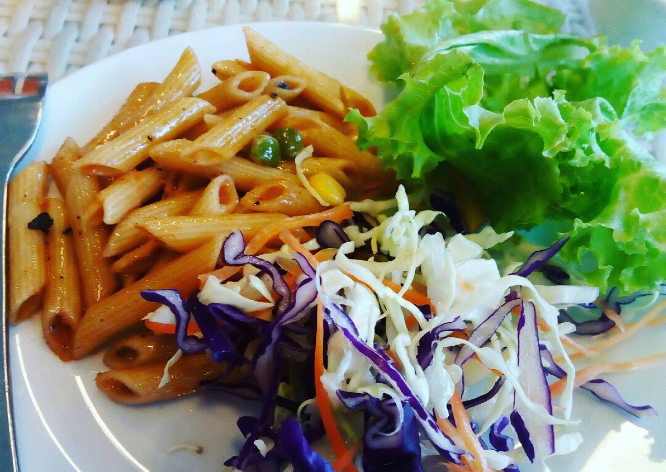 Indian style corn mutter Penne pasta with salad