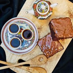 Micro Chocolate Brownie with black Coffee A picture of Micro Chocolate Brownie with black Coffee.