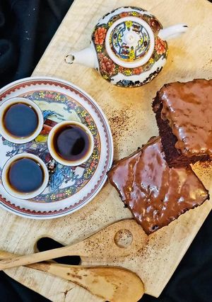 A picture of Micro Chocolate Brownie with black Coffee.
