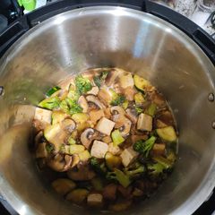 A picture of Spicy Instant Pot Teriyaki Chicken Breast with mushrooms, tofu, zucchini.