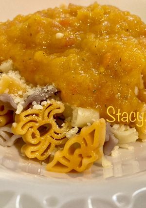 A picture of Autumn Tomato and Pumpkin Pasta Sauce (Halloween Pumpkin Pasta Sauce)!.