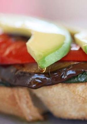 A picture of Roasted vegetable open toasted sandwich.