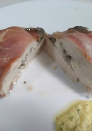 A picture of Feta Stuffed Prosciutto wrapped Chicken Breasts.