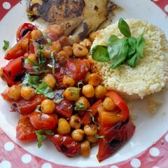 A picture of Panfried halibut with chickpeas.