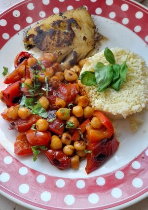 A picture of Panfried halibut with chickpeas.