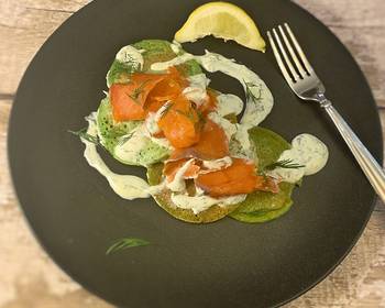 Unique Cuisine Spinach pancakes smoked salmon with a creme fraiche and dill Yummy