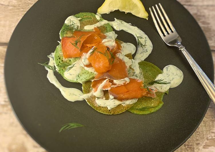 Simple Way to Prepare Speedy Spinach pancakes, smoked salmon with a creme fraiche and dill