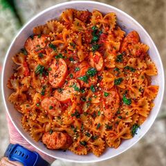 A picture of Spicy italian sausage farfalle pasta.