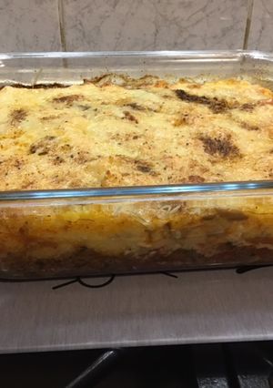 Une photo de Gratin de polenta, champignons, bœuf, poivrons et emmental façon hachis Parmentier