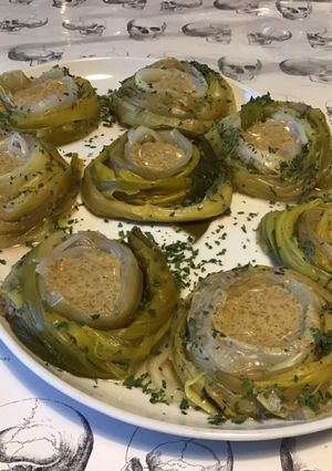 Une photo de Nids de poireaux vinaigrette (au bouillon de champignons)