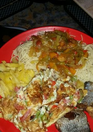 A picture of White ndles and veg. sauce with fried fish,Irish potato $scrmbl.