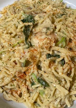 Foto resep Spaghetti creamy dengan udang dan jamur champignon