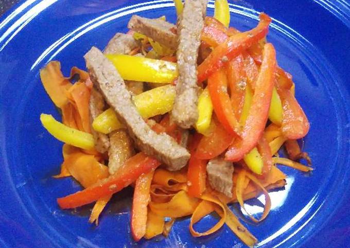 Pepper steak with "Coodles" aka carrot noodles